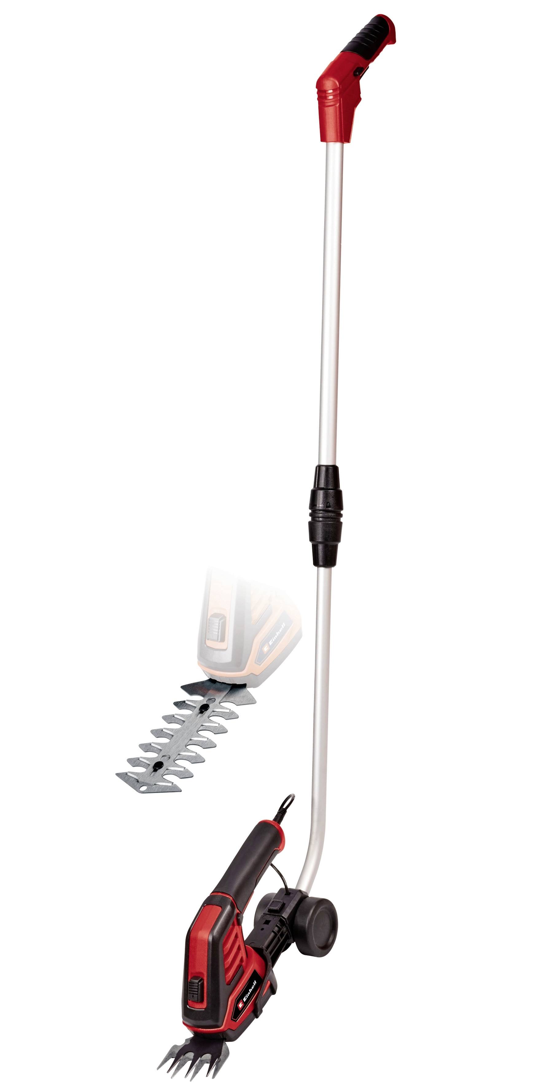 Kabellose Heckenschere mit ausziehbarem Griff, rotem Gehäuse und Ersatzklinge. Ideal für müheloses Trimmen höherer Pflanzen.