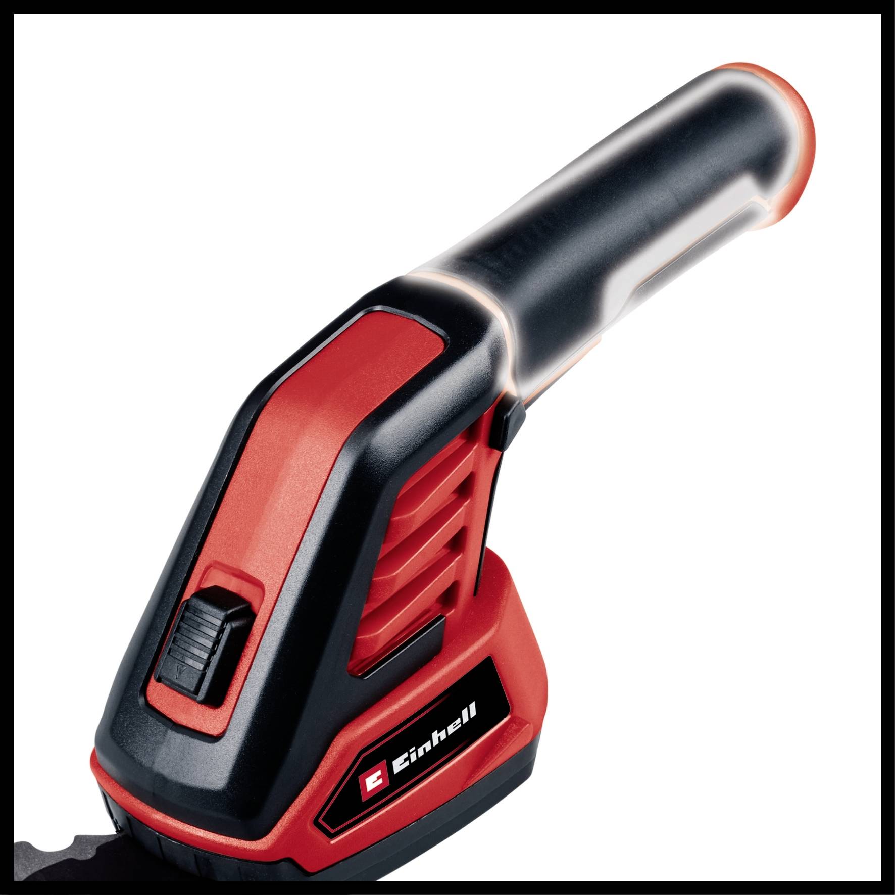 Eine rote und schwarze elektrische Handsäge mit ergonomischem Griff. Die Marke 'Einhell' ist sichtbar auf der Säge.