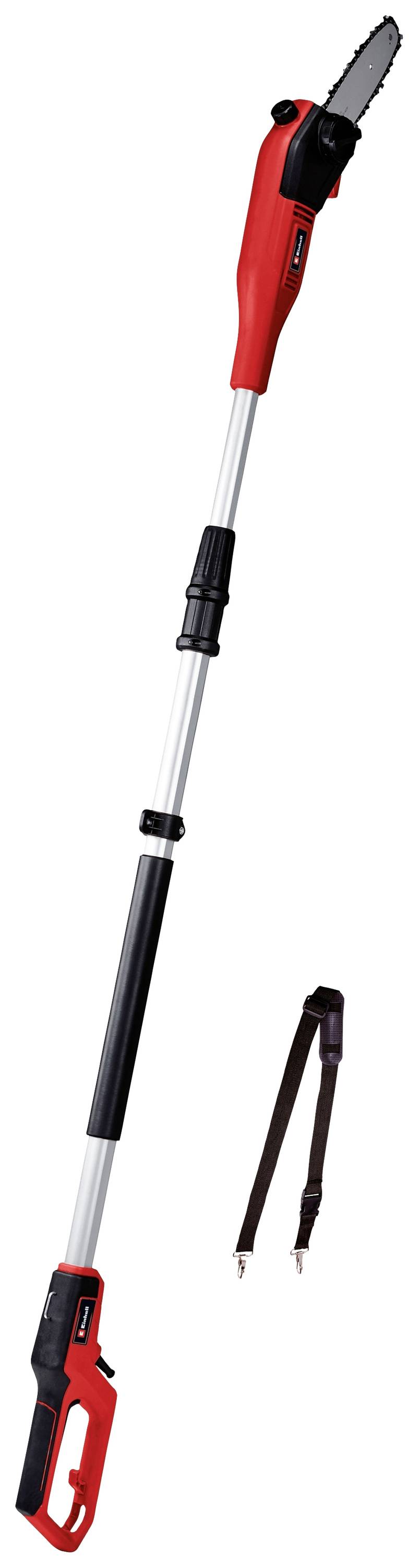 Rote Teleskop-Astsäge mit schwarzem Kettensägeblatt und Tragegurt, geeignet zum Schneiden höherer Baumzweige.