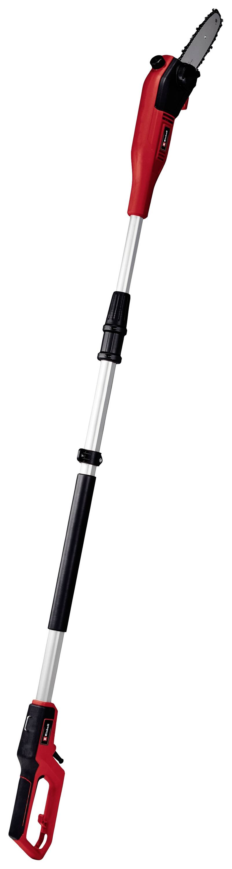 Teleskopsäge mit rotem und schwarzem Griff, ausziehbar für das Beschneiden von hohen Ästen, elektrischer Antrieb.