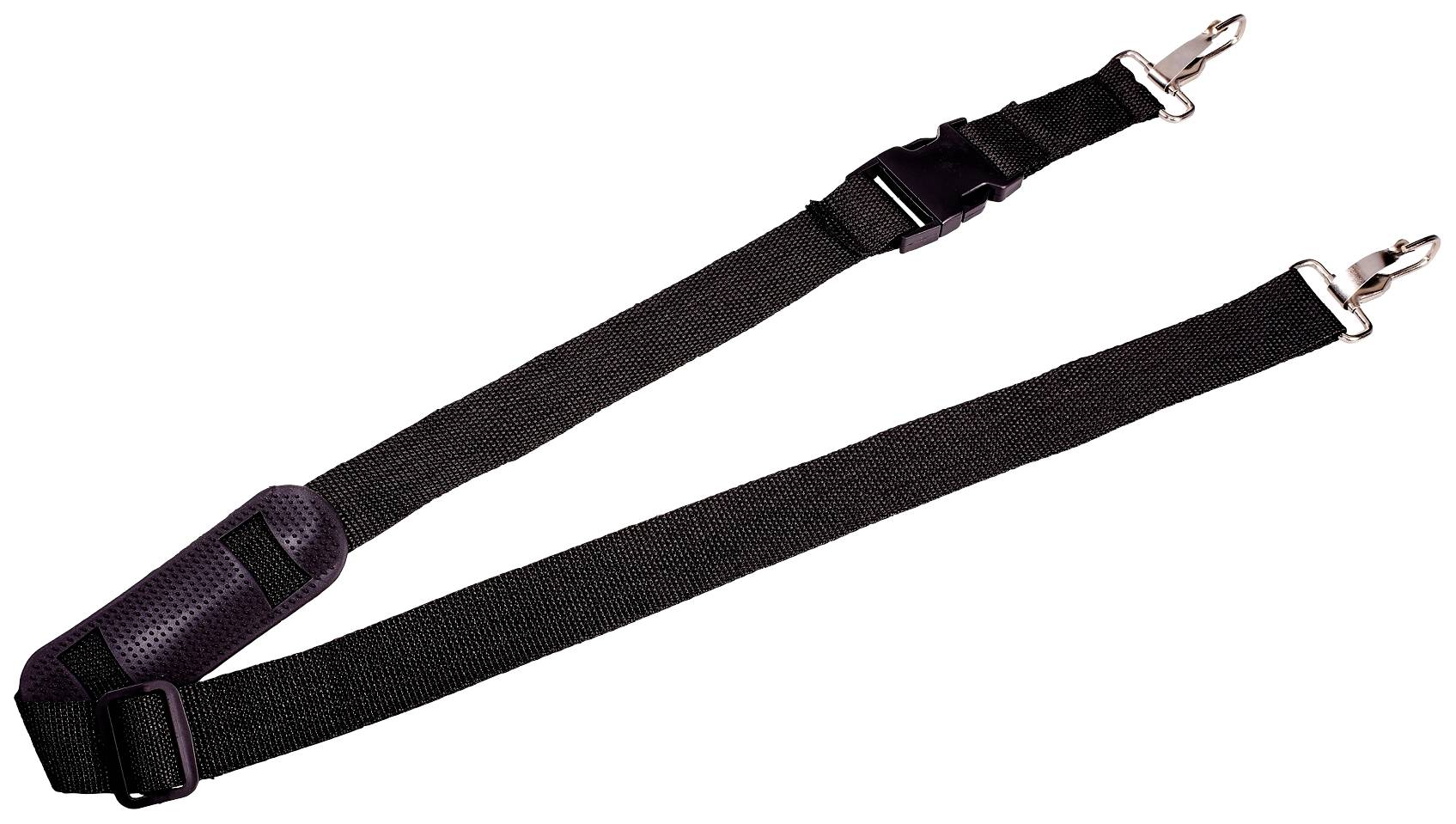 Ein schwarzer, verstellbarer Schultergurt mit Metallhaken an beiden Enden. Geeignet zum Tragen von Taschen oder ähnlichen Gegenständen.