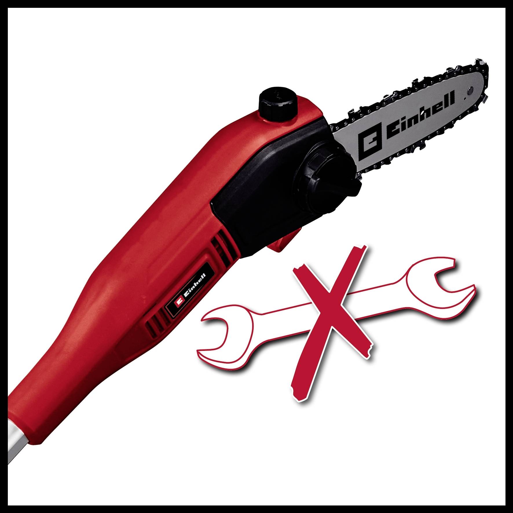 Einhell Astsäge ohne Werkzeug X-Change: Rote Kettensäge mit ergonomischem Griff, überkreuzte Werkzeuge symbolisieren werkzeuglosen Betrieb.
