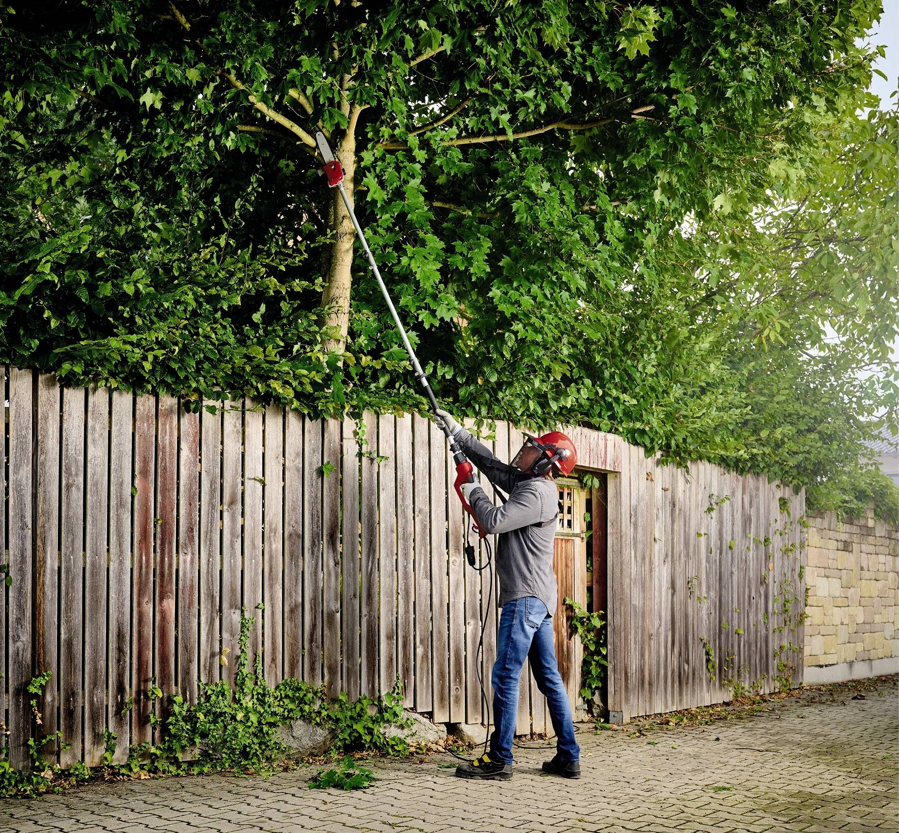 Person mit Schutzhelm und Schutzbrille schneidet Zweige eines Baums mit einer Teleskop-Heckenschere neben einem Holzzaun.