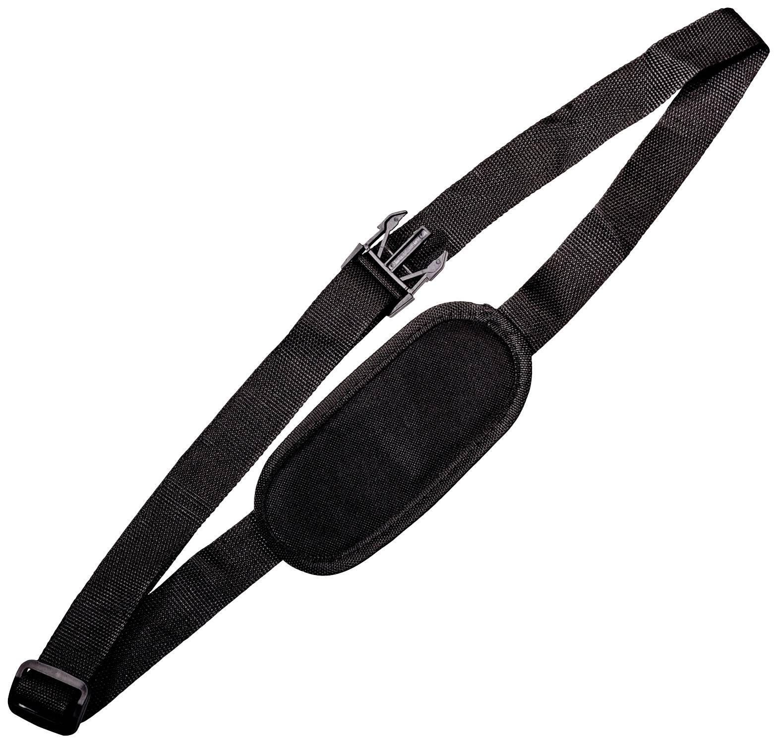 Ein schwarzer, verstellbarer Nylon-Tragegurt mit Polsterung und Schnalle, geeignet für Taschen oder Kameras.