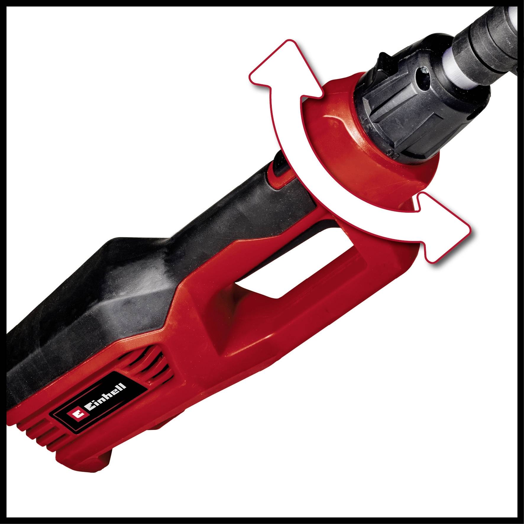 Ein rotes, elektrisches Werkzeug mit einem drehbaren Kopf. Der Kopf hat einen Pfeil für die Drehrichtung. Einhell-Logo ist sichtbar.