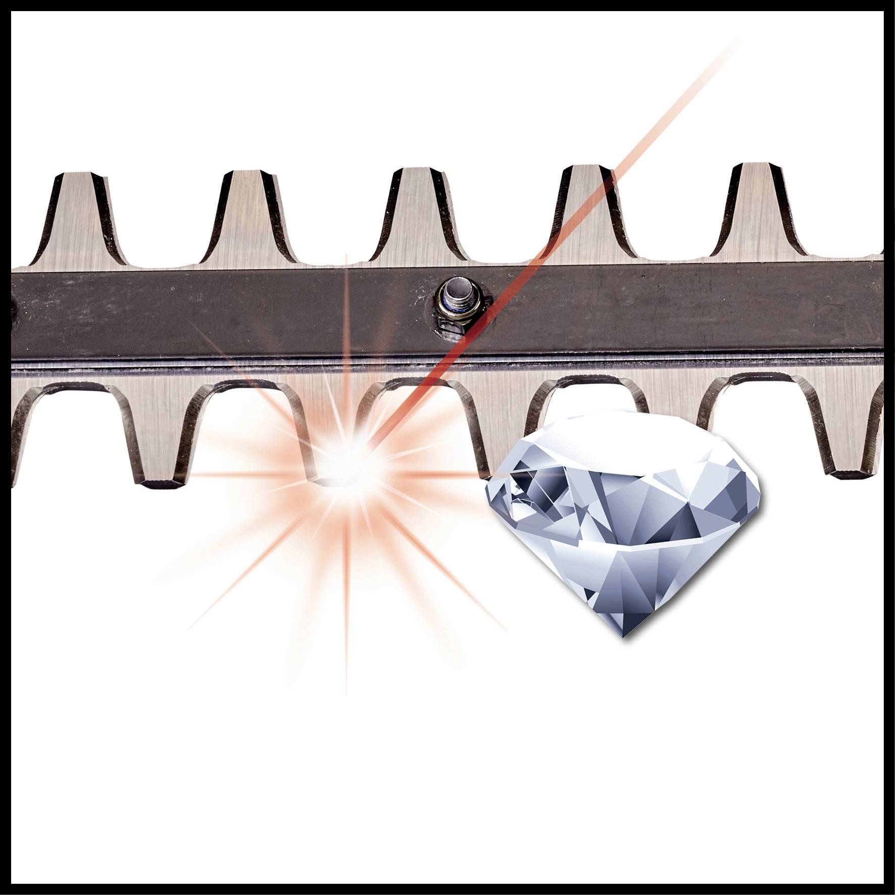 Metallverzahnung mit einem Laserstrahl, der in der Mitte fokussiert ist, und ein Diamant darunter. Der Laser scheint das Metall zu bearbeiten.