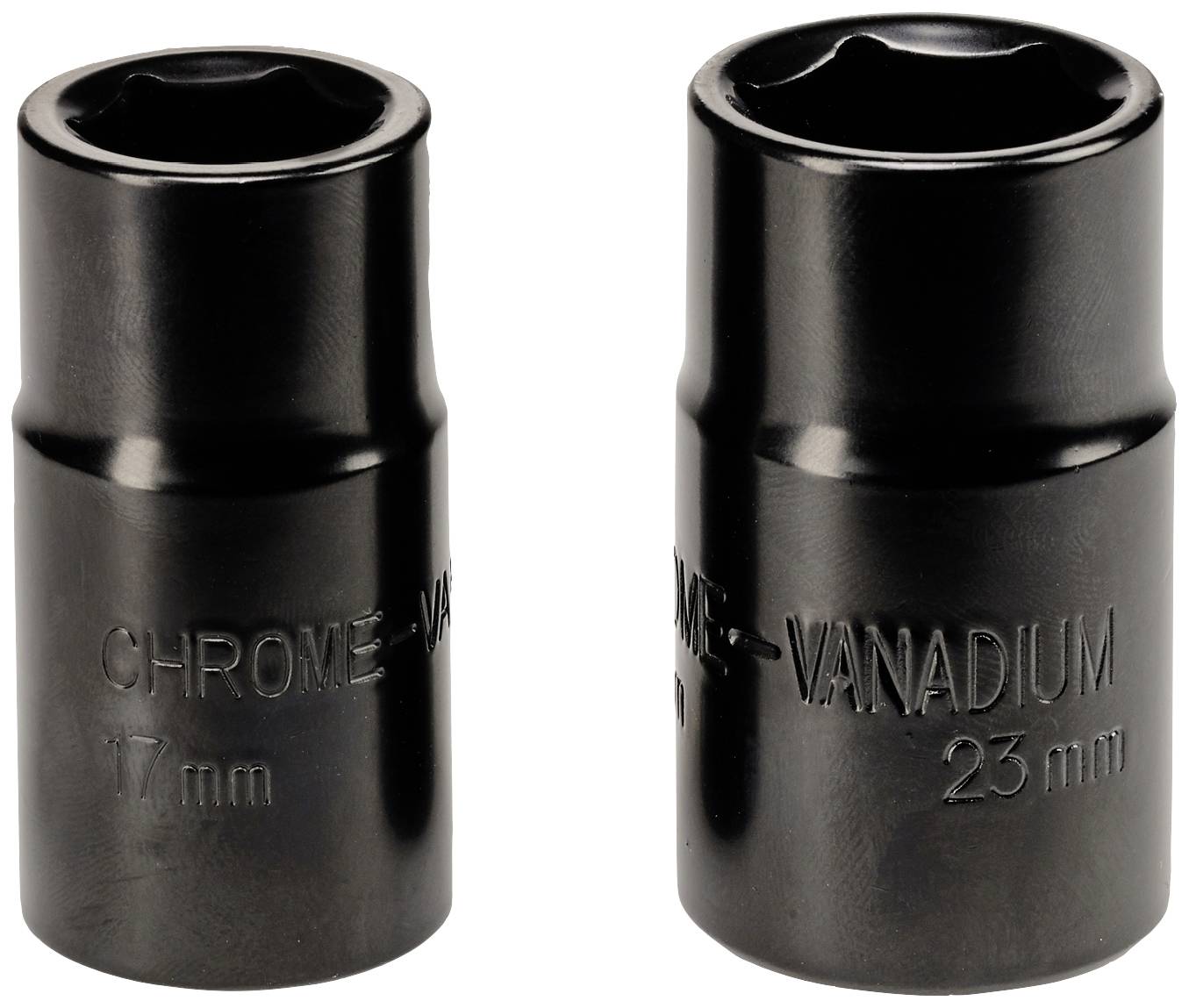 Zwei schwarze Steckschlüsseleinsätze aus Chrom-Vanadium-Stahl in den Größen 17 mm und 23 mm.