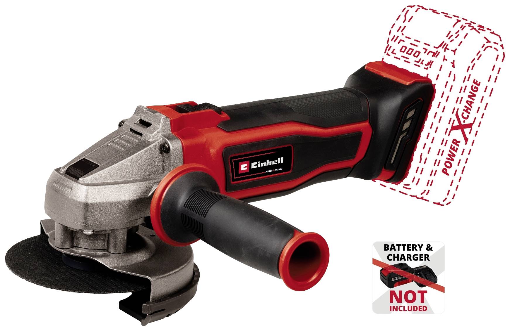 Akkuschleifer in Schwarz und Rot mit Ein/Aus-Schalter. Hinweis: 'Batterie & Ladegerät nicht enthalten'. Geeignet für Einhell Power X-Change System.