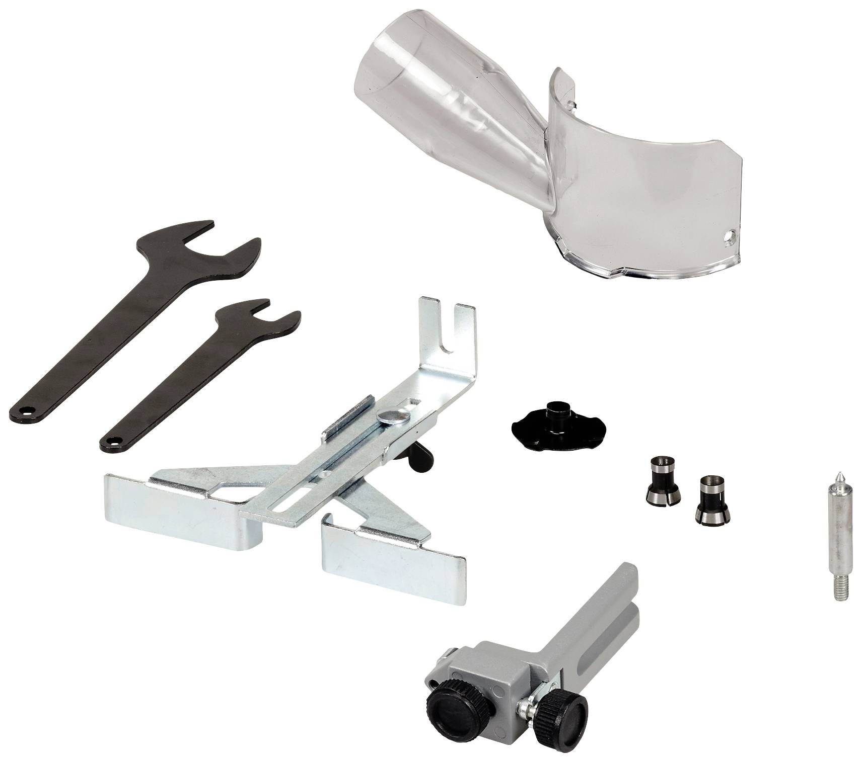 Werkzeug-Set: Zwei Schraubenschlüssel, Metallhalterung, Schutzabdeckung, zwei Schrauben, zwei Muttern und eine Stahlspitze.