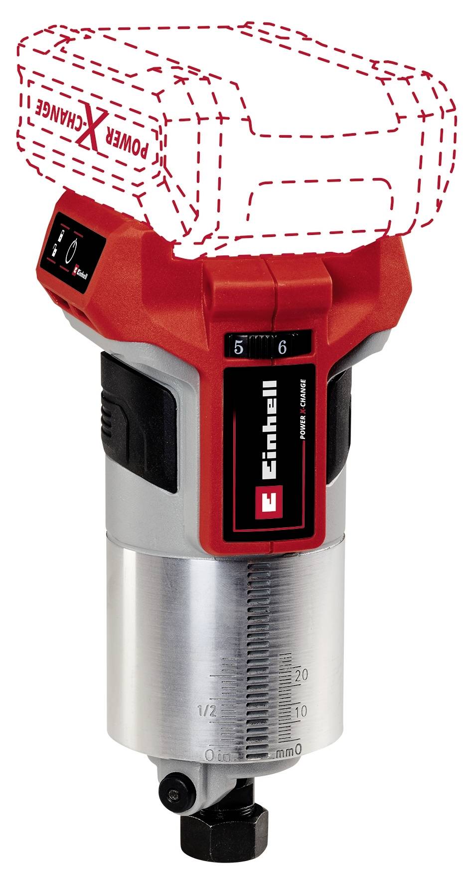 Ein kabelloses Elektrofräswerkzeug mit rotem Griff und angedeutetem Akku. Es zeigt Maßeinheiten und das Einhell-Logo.
