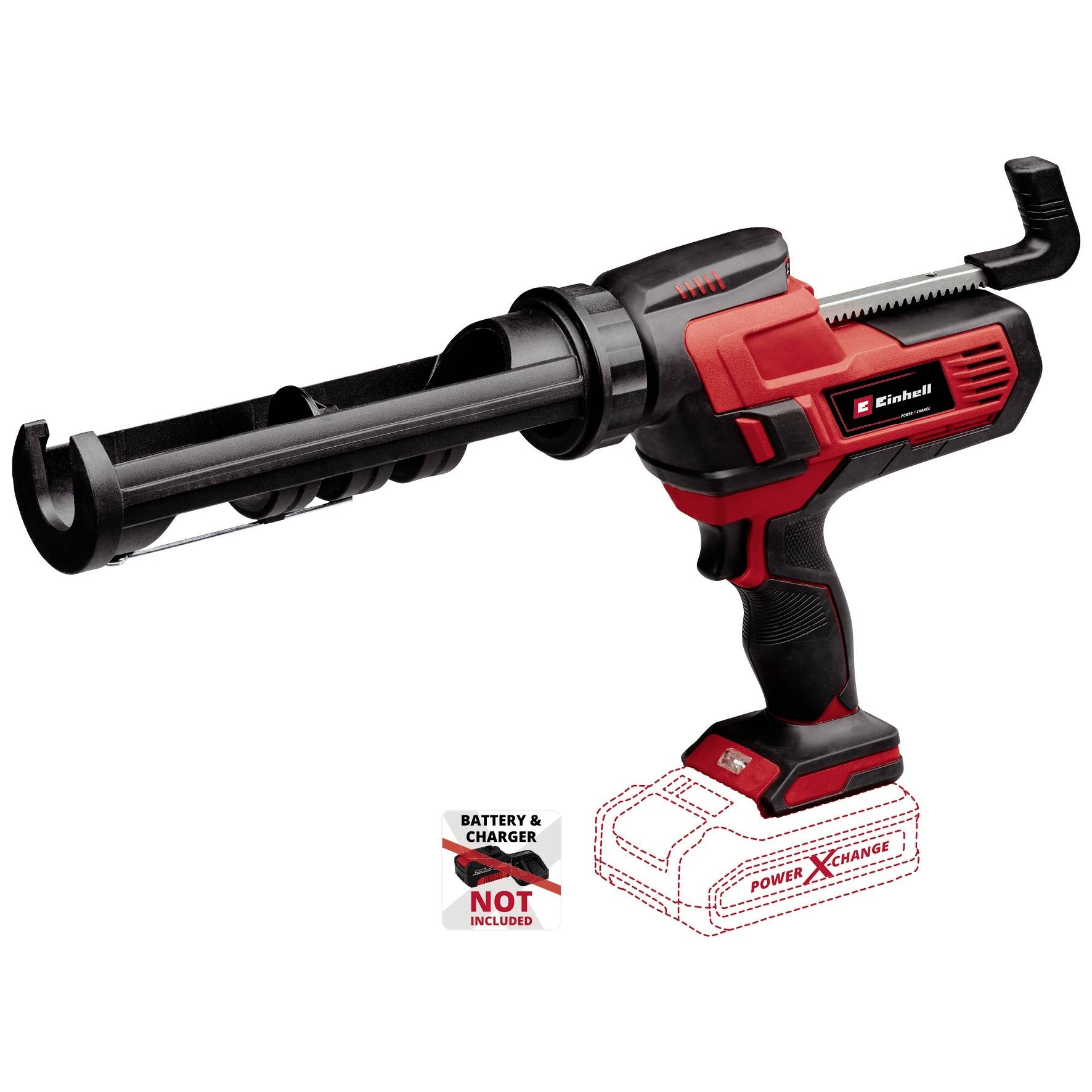 Elektro-Kartuschenpistole in Rot-Schwarz. Einhell-Logo auf der Seite. Hinweis 'Akku & Ladegerät nicht enthalten' darunter.