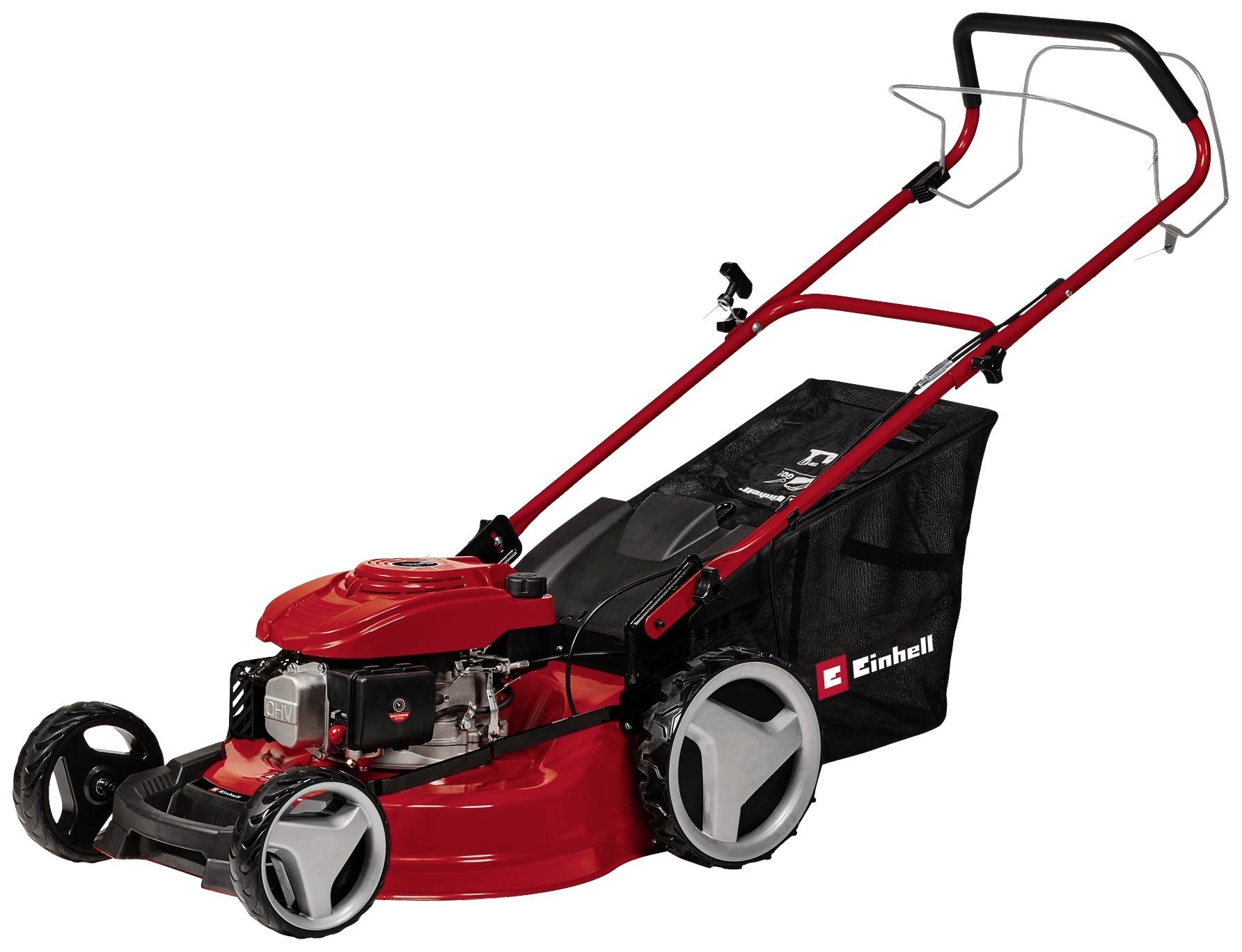 Rot-schwarzer Rasenmäher mit Fangkorb, ergonomischem Griff und großen Rädern für einfaches Manövrieren.