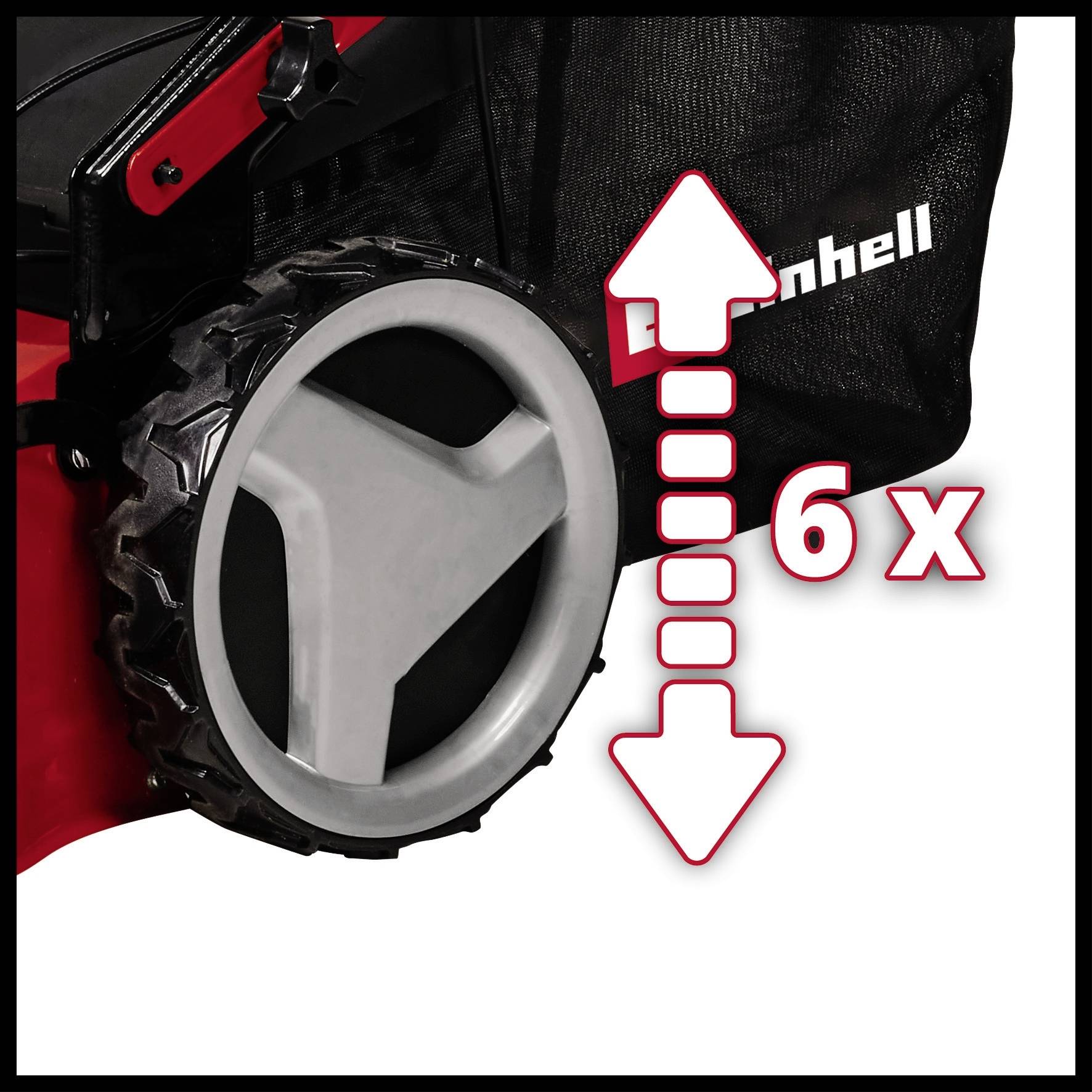 Rotes Geräte-Rad mit einem Text '6x' neben einem großen weißen Pfeil, der nach unten zeigt. Der Markenname ist teilweise sichtbar.