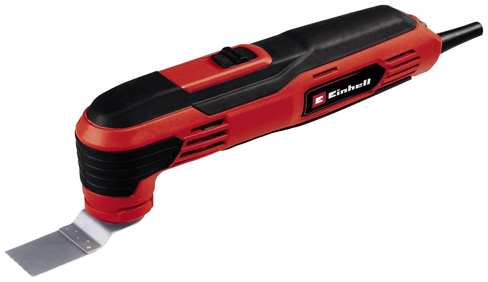 Ein rotes Einhell Multifunktionswerkzeug mit schwarzem Griff und integriertem Messeraufsatz. Ideal für Heimwerkerarbeiten.