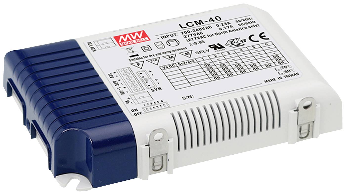Ein LED-Treiber mit der Modellnummer LCM-40. Technische Angaben wie Eingangsspannung, Stromstärke und Zertifizierungen sind sichtbar.
