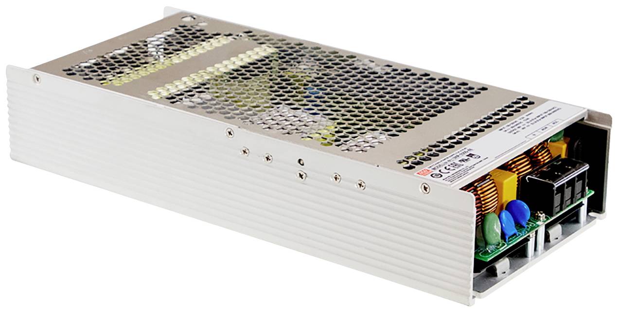 Ein rechteckiges Netzteil mit Lüftungsschlitzen auf der Oberseite und sichtbaren elektronischen Bauteilen auf der rechten Seite.