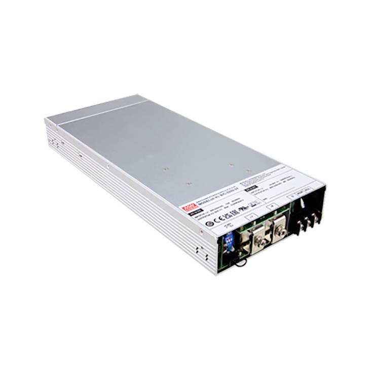 Ein rechteckiges elektronisches Gerät, vermutlich ein Spannungswandler oder Netzteil, mit mehreren Anschluss- und Kabelelementen.