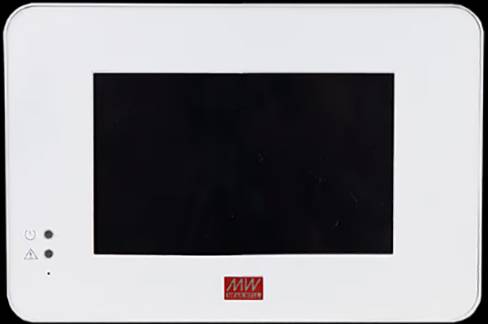 Ein weißer elektronischer Bildschirm mit schwarzem Display und einem roten 'MW' Logo unten.