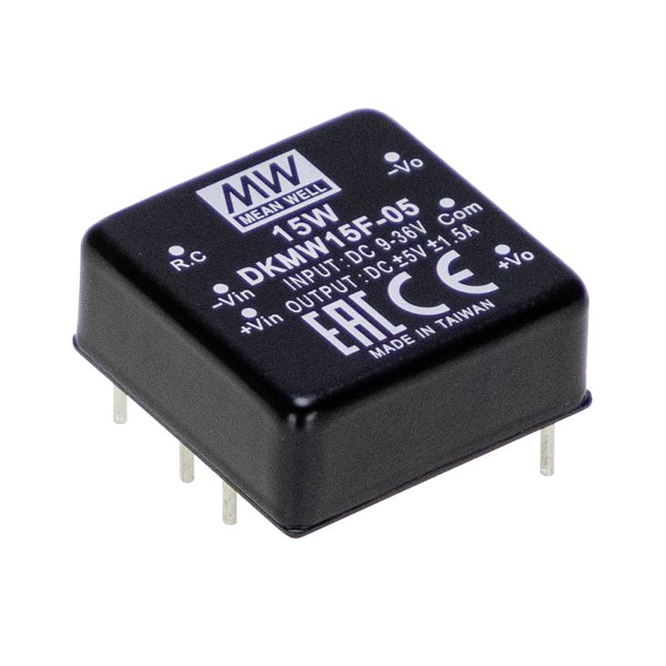 'Mean Well 15W DKM15F-05' Gleichspannungswandler, Ein- und Ausgänge für Stromverbindungen sichtbar, CE-Kennzeichnung, Made in Taiwan.