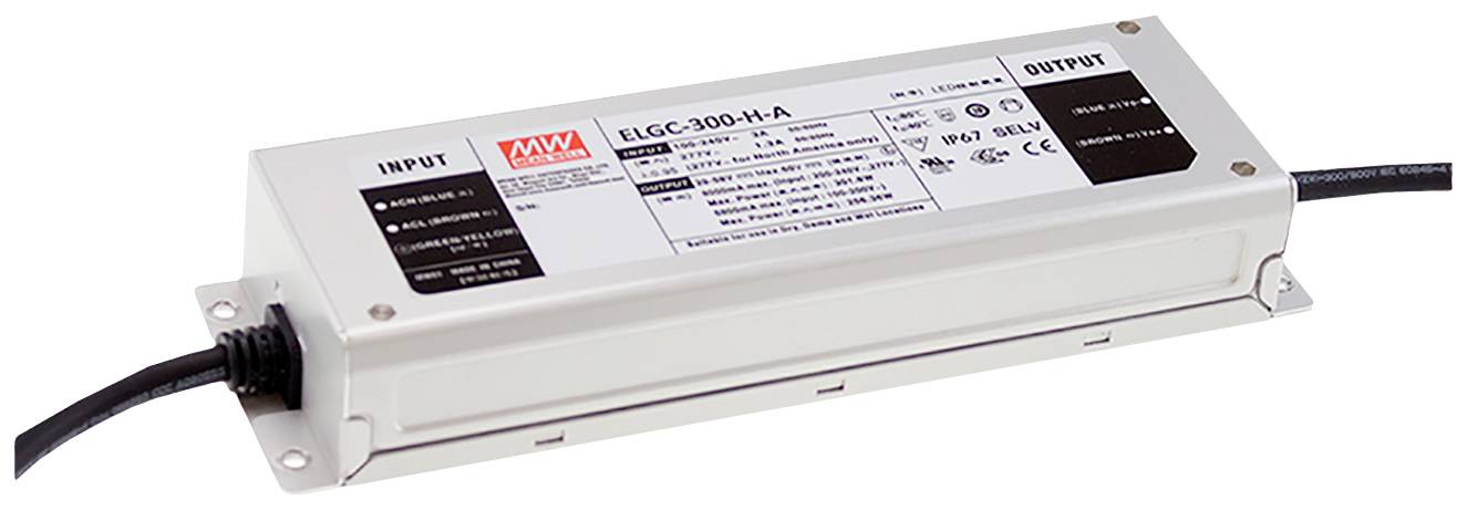 Ein rechteckiger LED-Netzteil von MEAN WELL mit der Modellnummer 'ELGC-300-H-A', das für die Stromversorgung von LED-Leuchten verwendet wird.