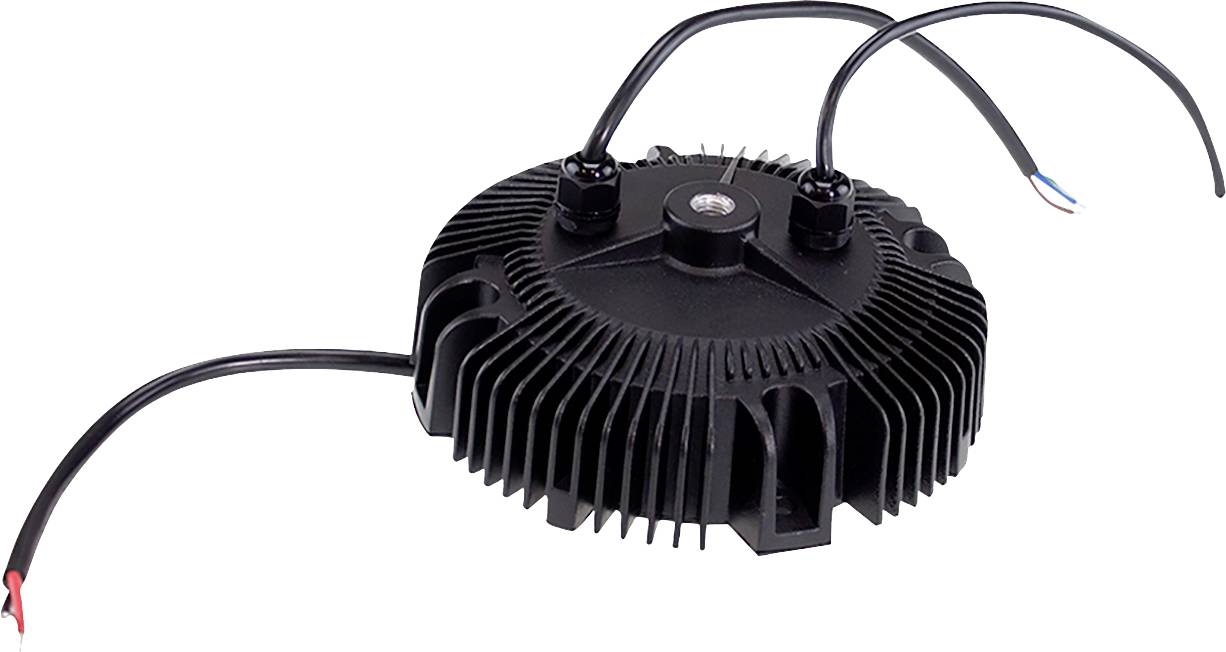 Schwarzes, rundes elektrisches Gerät mit Kühlrippen und Kabeln für den Anschluss, möglicherweise ein LED-Treiber oder Transformator.