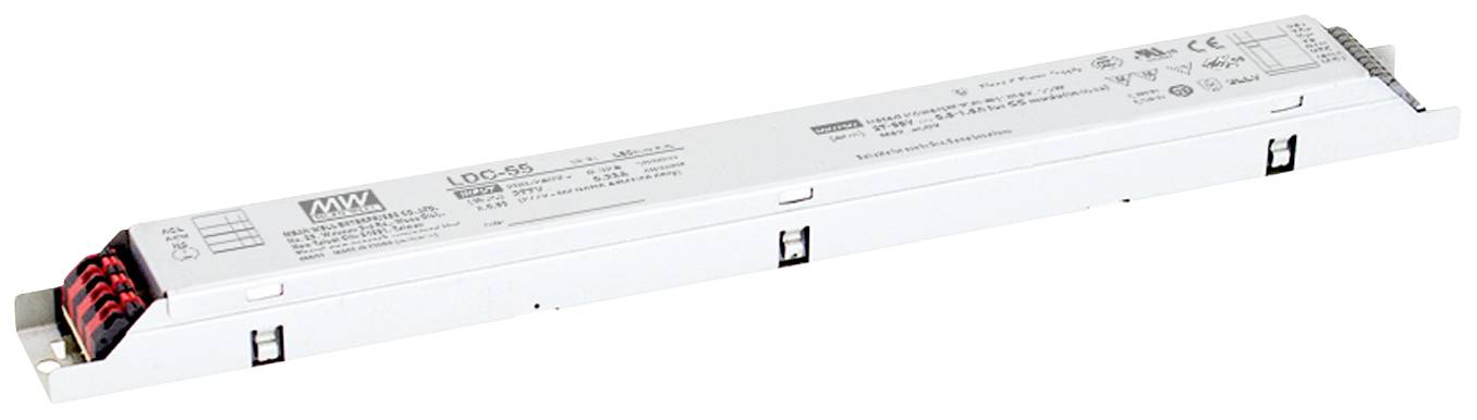 Ein längliches, weißes LED-Treibergehäuse mit technischen Spezifikationen und Markenlogo darauf, offene Kabelenden links sichtbar.