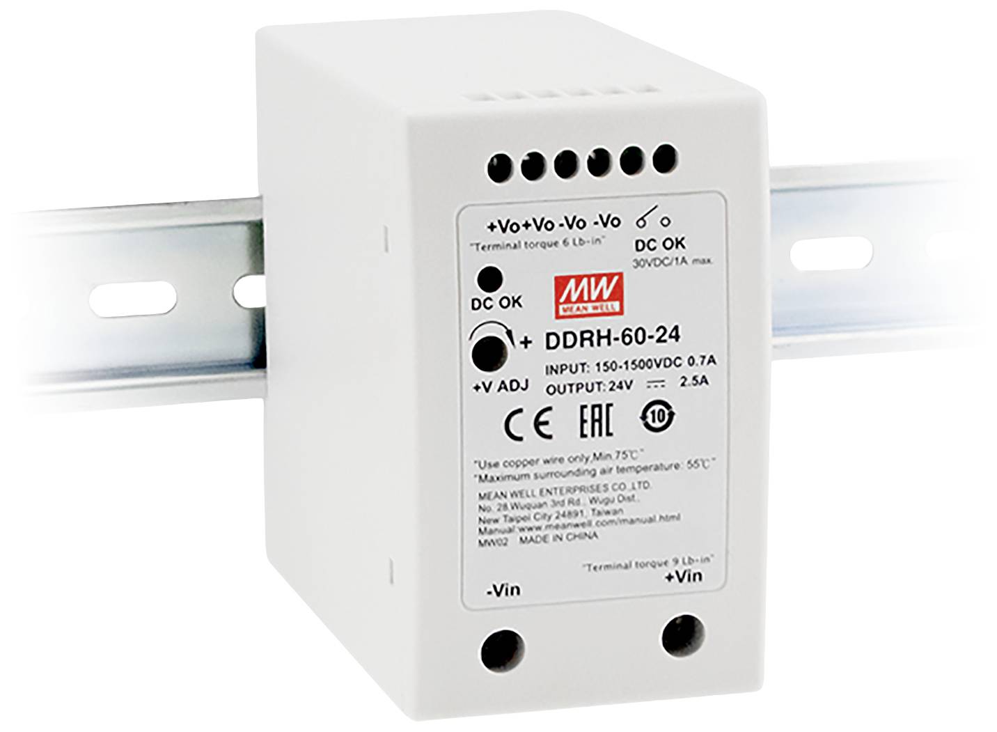 Ein weißes Hutschienen-Netzteil der Marke MEAN WELL, Modell DDRH-60-24, mit LED-Anzeigen und technischen Spezifikationen aufgedruckt.