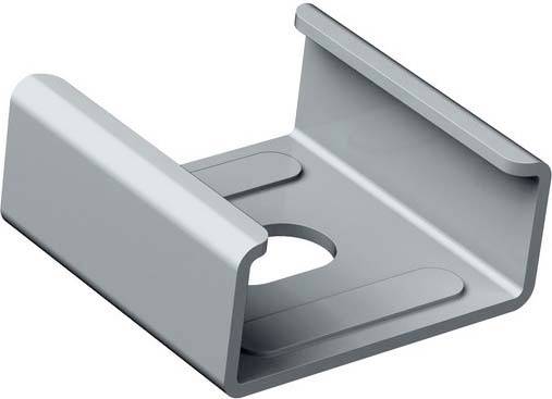 Metallwinkel in U-Form mit mittiger Befestigungsbohrung, verwendet zur Stabilisierung oder Verbindung von Konstruktionselementen.