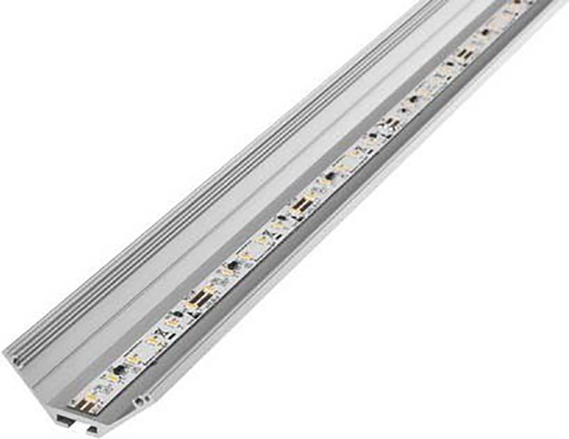 Lange, schmale LED-Lichtleiste in einem Aluminiumgehäuse, ideal für dezente Beleuchtung in modernen Innenräumen.