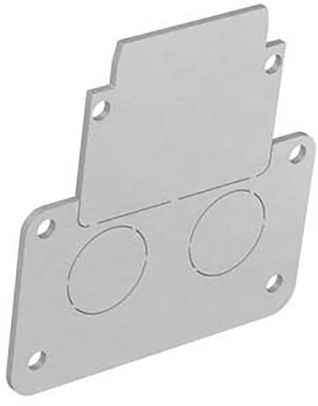 Metallplatte mit vier Löchern in den Ecken und zwei kreisförmigen Ausschnitten in der Mitte. Einsatz als Adapter oder Montagehalterung.