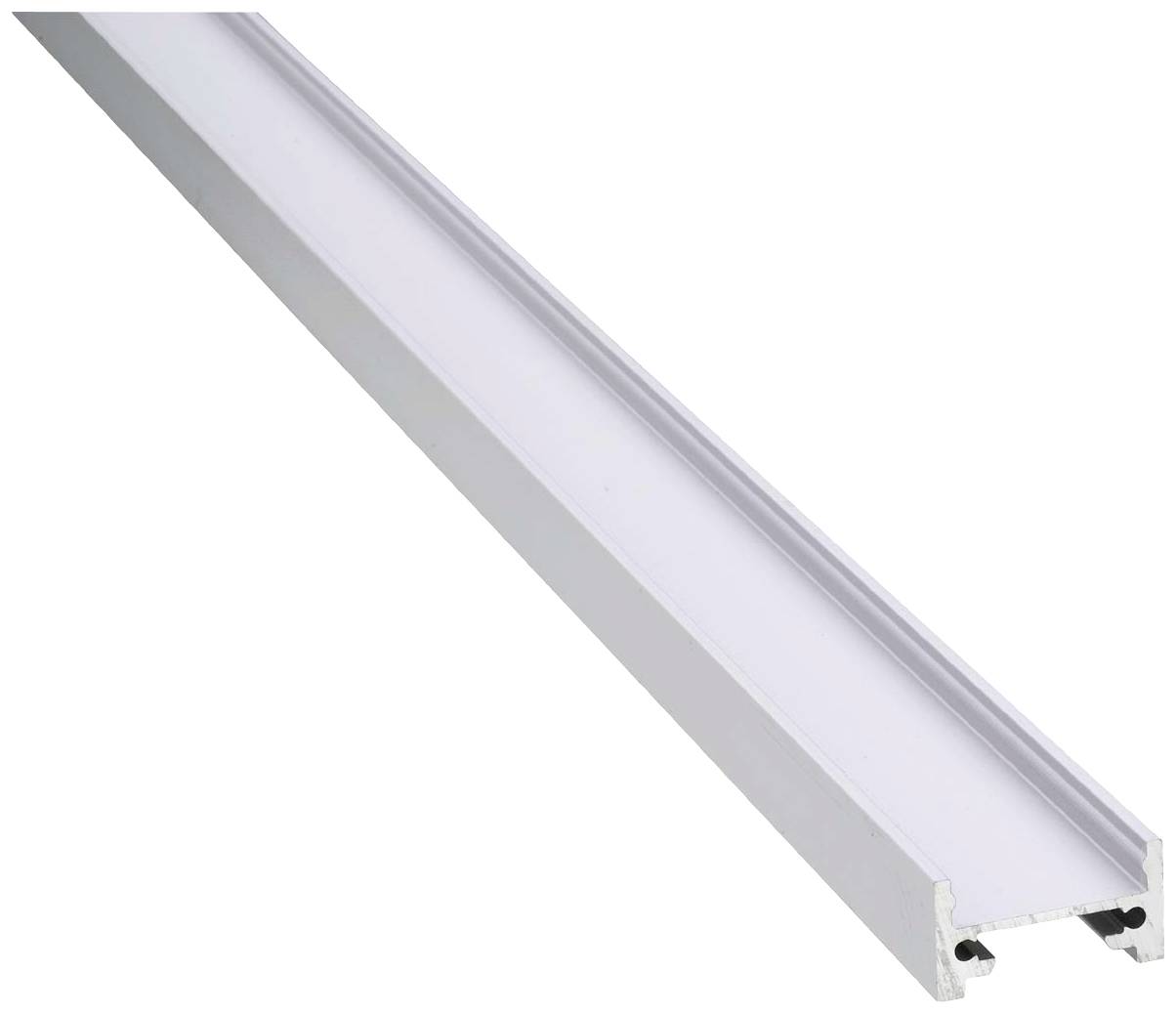 Aluminium-Profil für LED-Streifen in U-Form, silberfarben, mit diffuser Abdeckung zur gleichmäßigen Lichtverteilung.