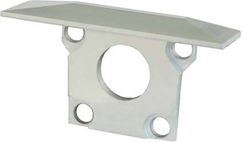 Metallbauteil mit rechteckiger Platte und vier Löchern, eines zentral, drei am Rand, verwendet als Verbindungsstück in Maschinen.