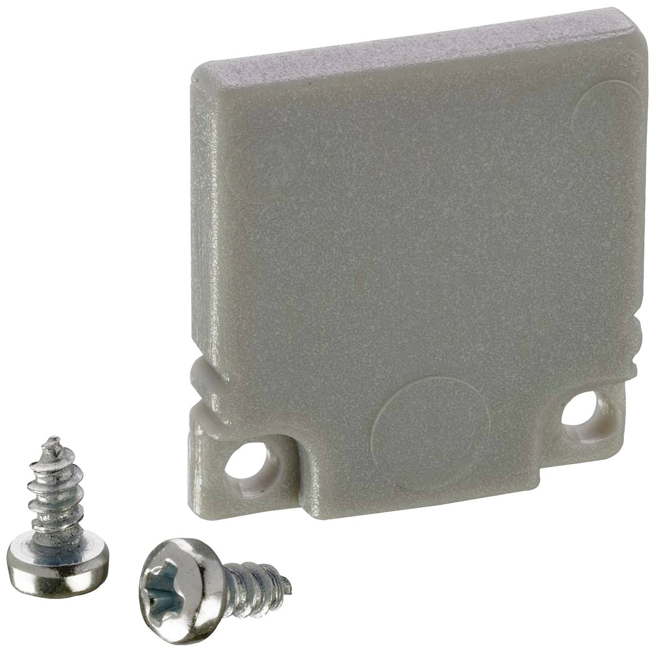 Eine graue Abdeckung mit zwei Schrauben, die zur Befestigung dienen.