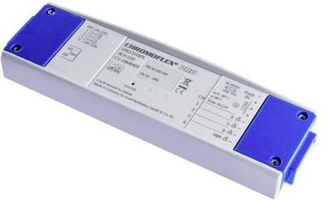 Ein rechteckiger blauer und weißer LED-Treiber mit technischen Spezifikationen aufgedruckt.