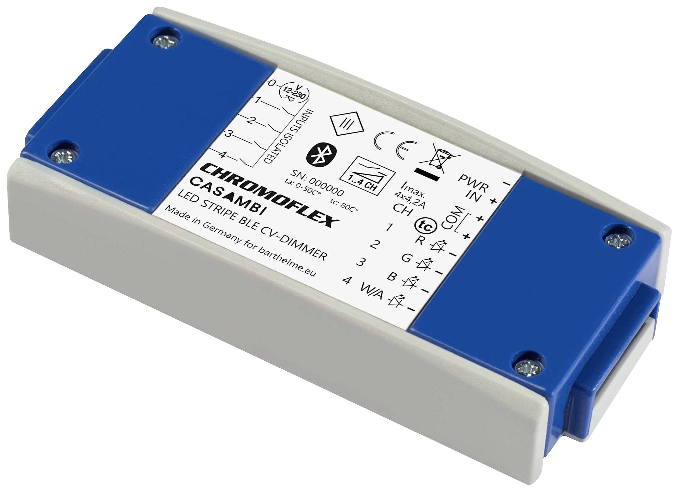 Ein blau-weißer LED-Stripe-BLE-CV-Dimmer mit Aufdruck 'CHROMOFLEX CASAMBI'. Verschiedene Anschlussmarkierungen und Sicherheitszeichen sind sichtbar.
