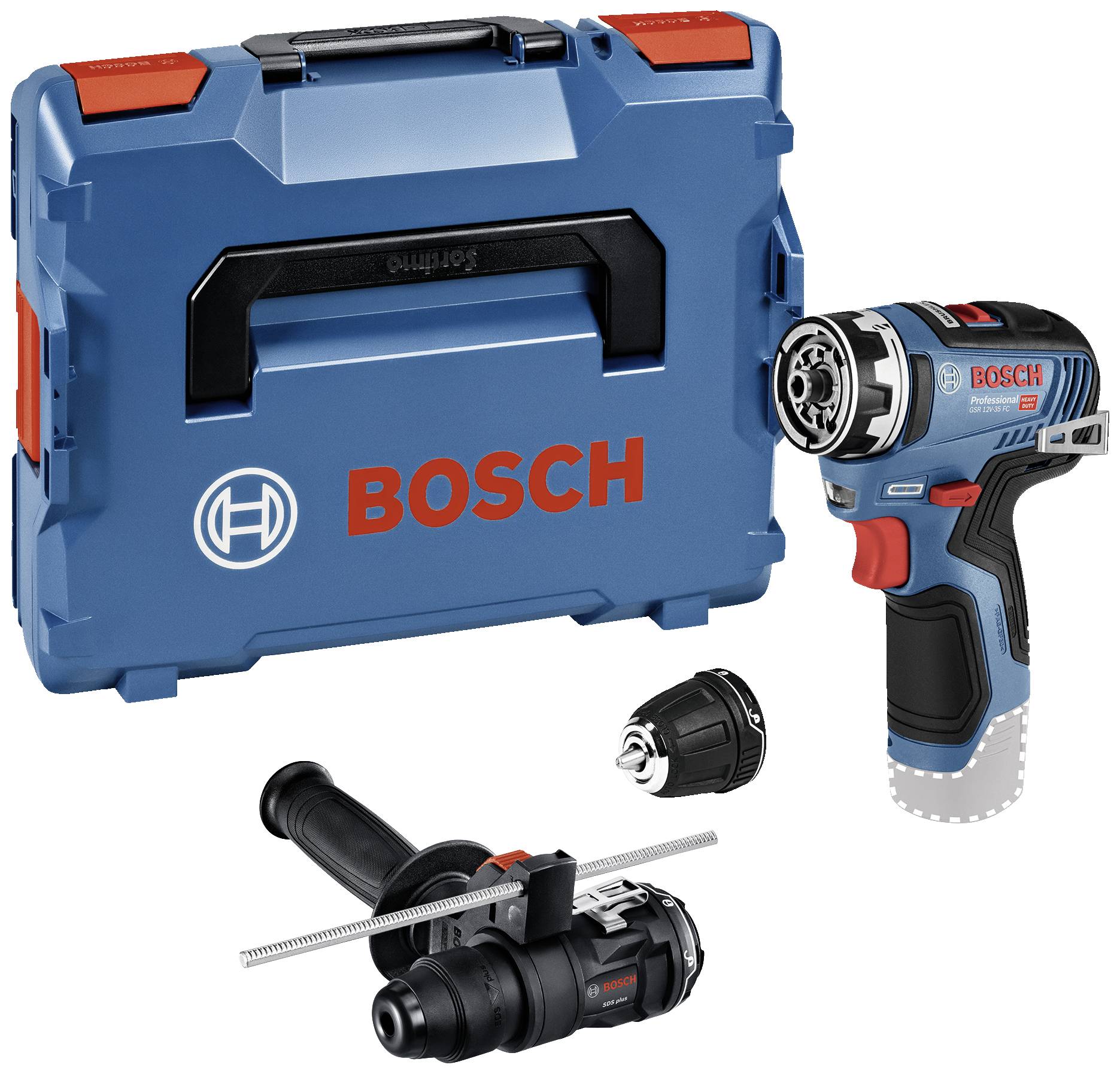 Akku-Bohrschrauber mit Zubehör und Transportkoffer. Enthält herausnehmbaren Handgriff und Bohrfutter. Bosch-Logo deutlich sichtbar.