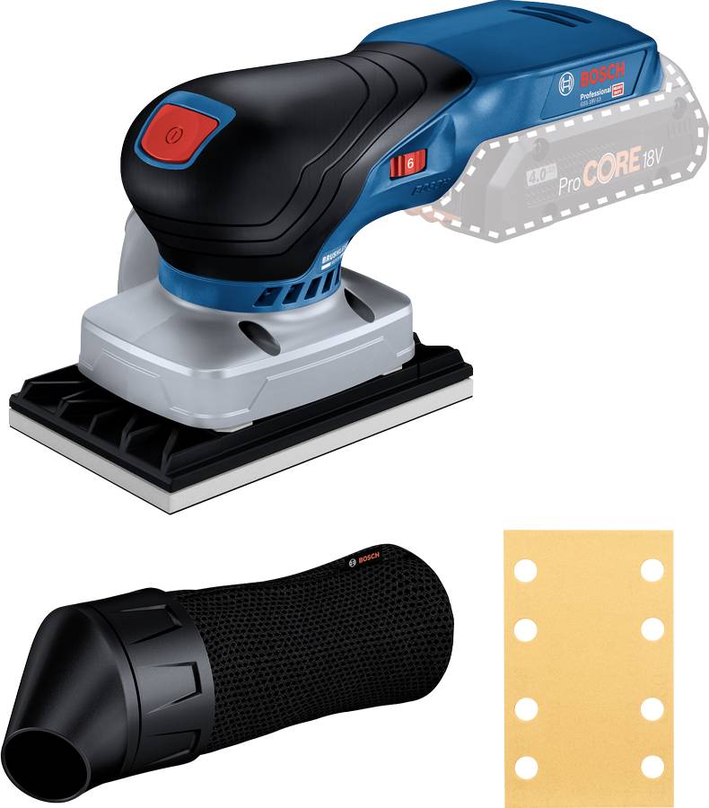 Ein blauer und schwarzer Bosch Schleifmaschine mit rotem Knopf, einem abnehmbaren Staubsaugeraufsatz und Schleifpapier mit Löchern.