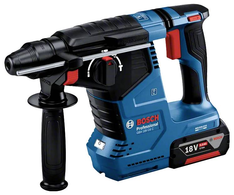Ein Bosch Professional 18V Akku-Bohrhammer in Blau und Schwarz, mit ergonomischem Griff und Einstellungstaste.