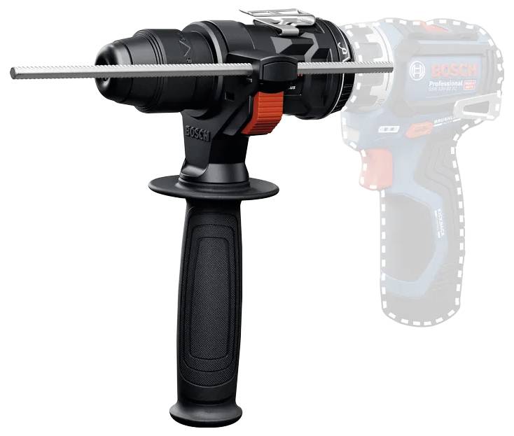 Ein schwarzer und orangefarbener Bohrer mit Seitenhebel und Stabmesser vor einer schwachen Silhouette eines anderen Bohrers im Hintergrund.