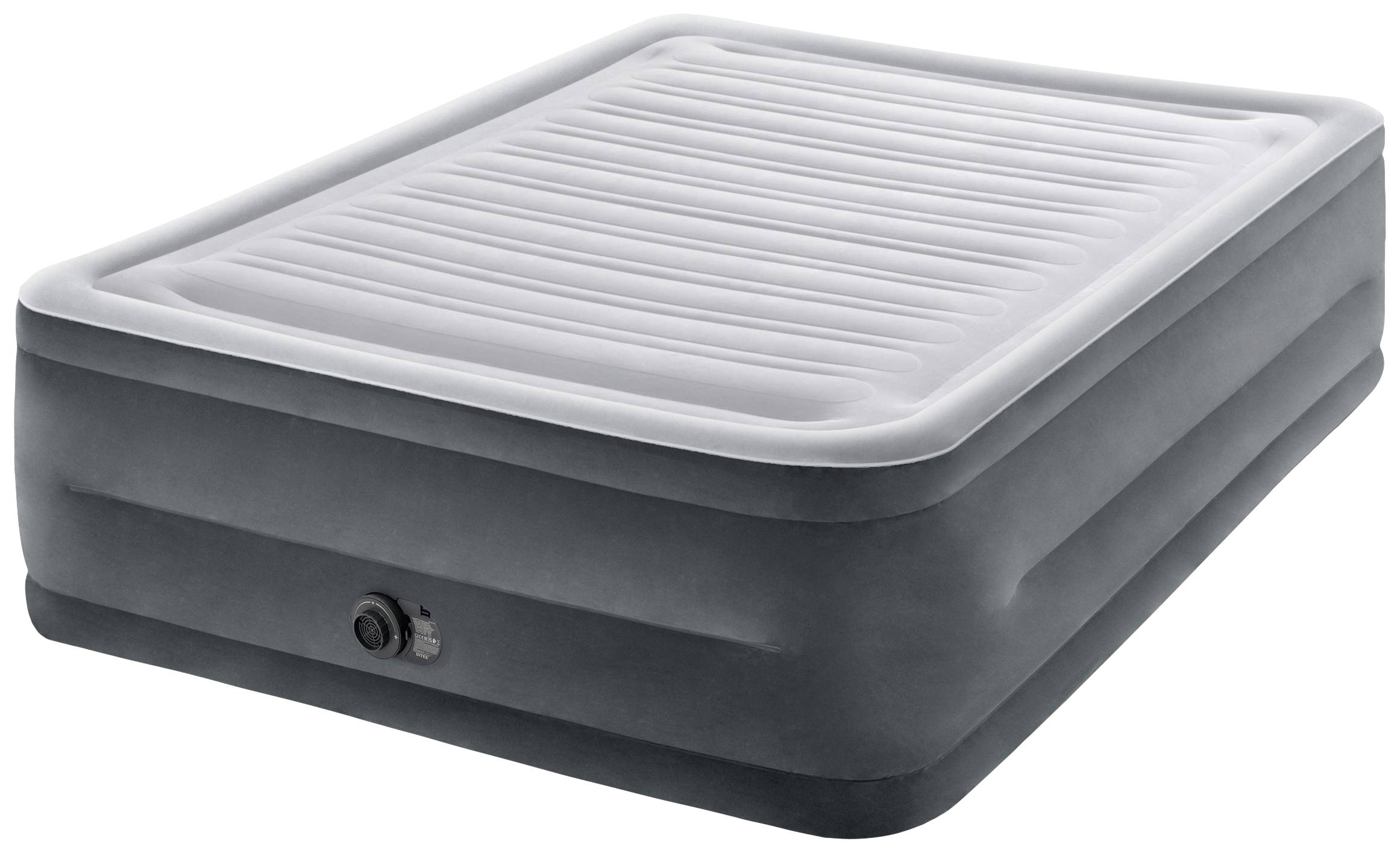 Aufblasbares Doppelbett mit integrierter Pumpe, dunkelgrauer Rand und heller Liegefläche. Ideal für temporäre Schlafmöglichkeiten.