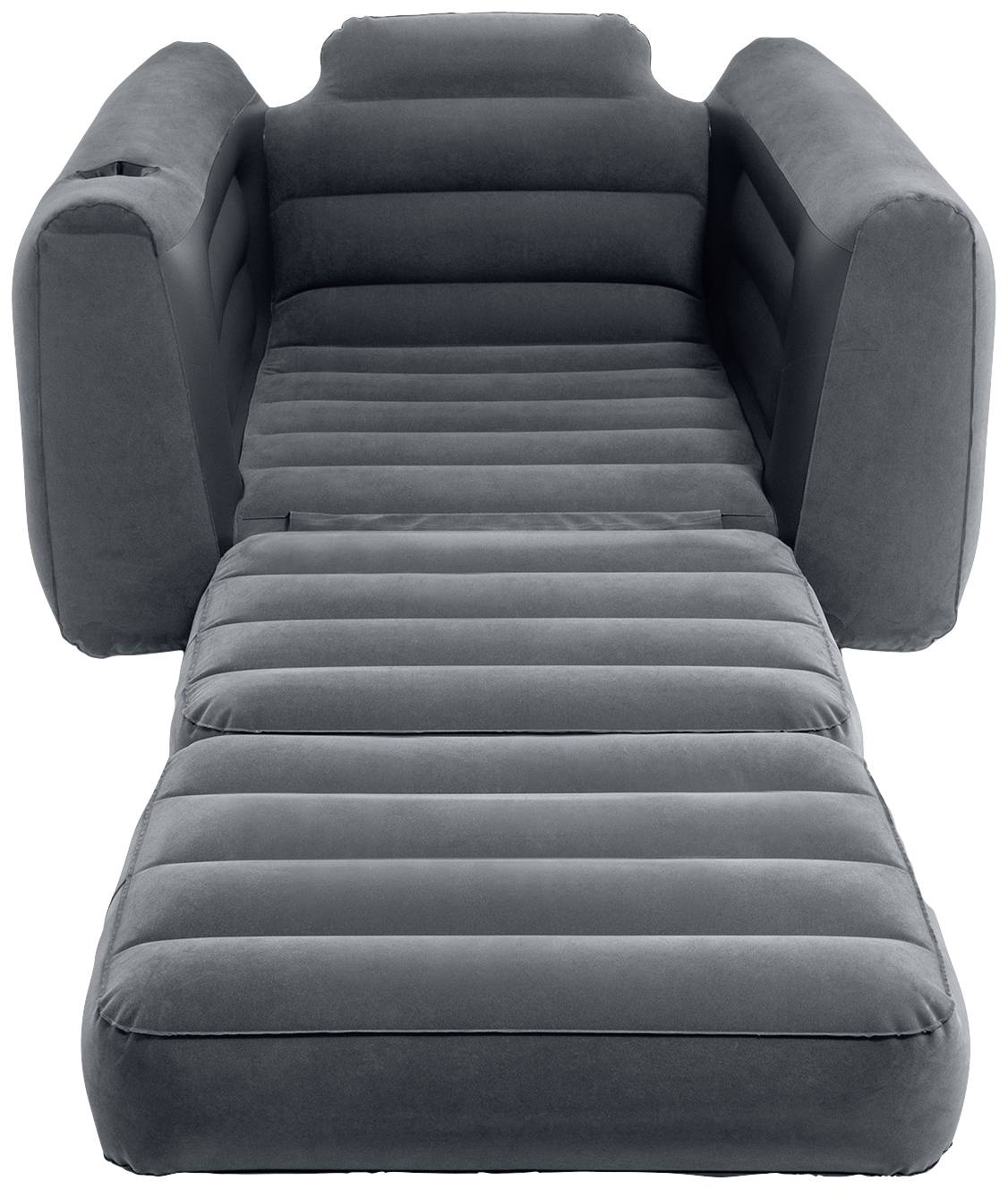 Graues, aufblasbares Schlafsofa mit Arm- und Rückenlehnen, ausgeklappt zu einer Liegefläche. Geeignet für zwei Personen.