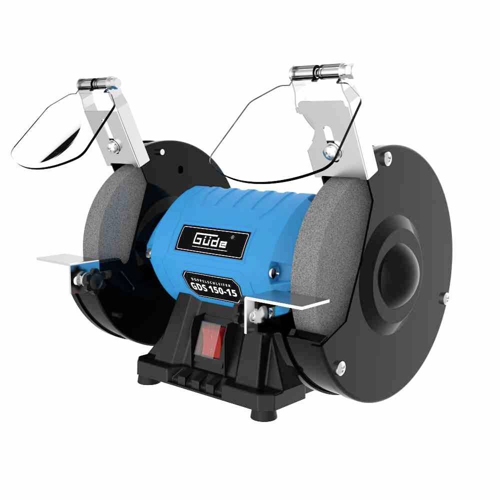 Ein blauer Doppelschleifer mit zwei Schleifscheiben. Das Gerät steht auf Stützen und hat Schutzabdeckungen über den Scheiben.