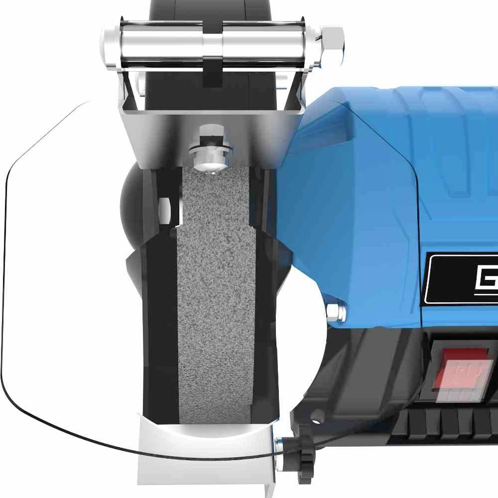 Eine blaue Schleifmaschine mit einem Schleifrad und einem Schutzschild, geeignet zum Schärfen oder Glätten von Werkzeugen und Materialien.