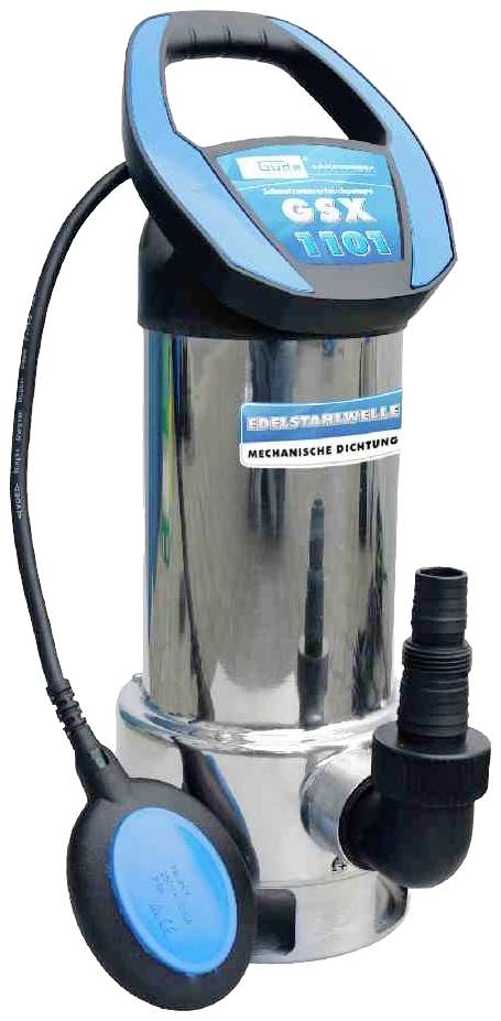 Elektrische Tauchpumpe mit blau-schwarzem Griff, silbernem Gehäuse. Aufschrift 'Edelstahlwelle, mechanische Dichtung'.