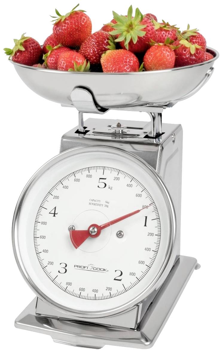 Eine silberne Küchenskala zeigt ein Gewicht an. Auf der Waagschale liegen frische, rote Erdbeeren.