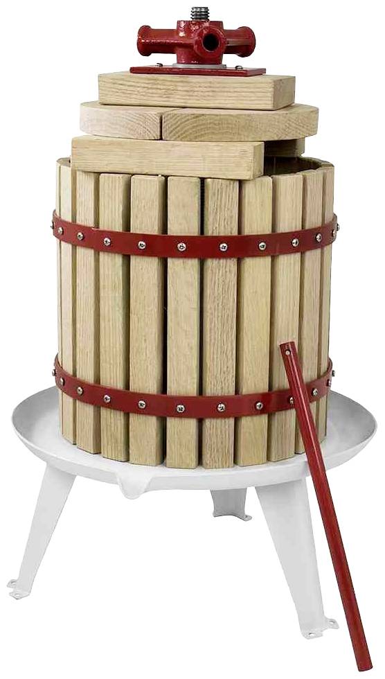 Holzpresse mit rotem Metallrahmen und Kurbel auf weißem Gestell, vermutlich für die Herstellung von Saft oder Wein.