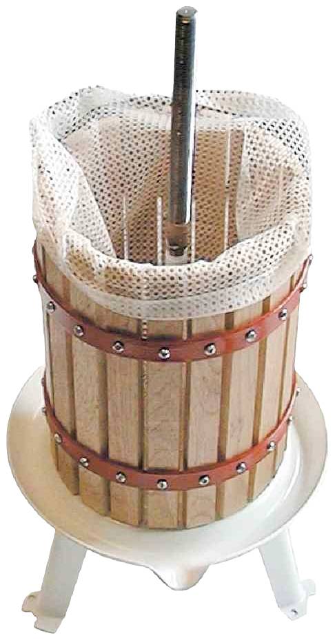 Traditionelle Obstpresse aus Holz mit Metallrahmen und Netz, zur Herstellung von Saft oder Wein durch mechanisches Pressen.