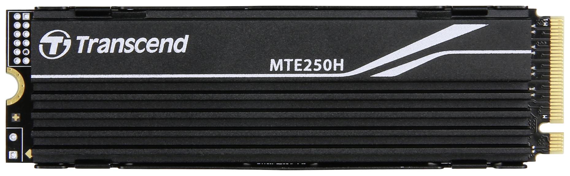 Interne SSD-Festplatte von Transcend, Modell MTE250H, in Schwarz mit goldfarbenem Anschluss auf der rechten Seite.