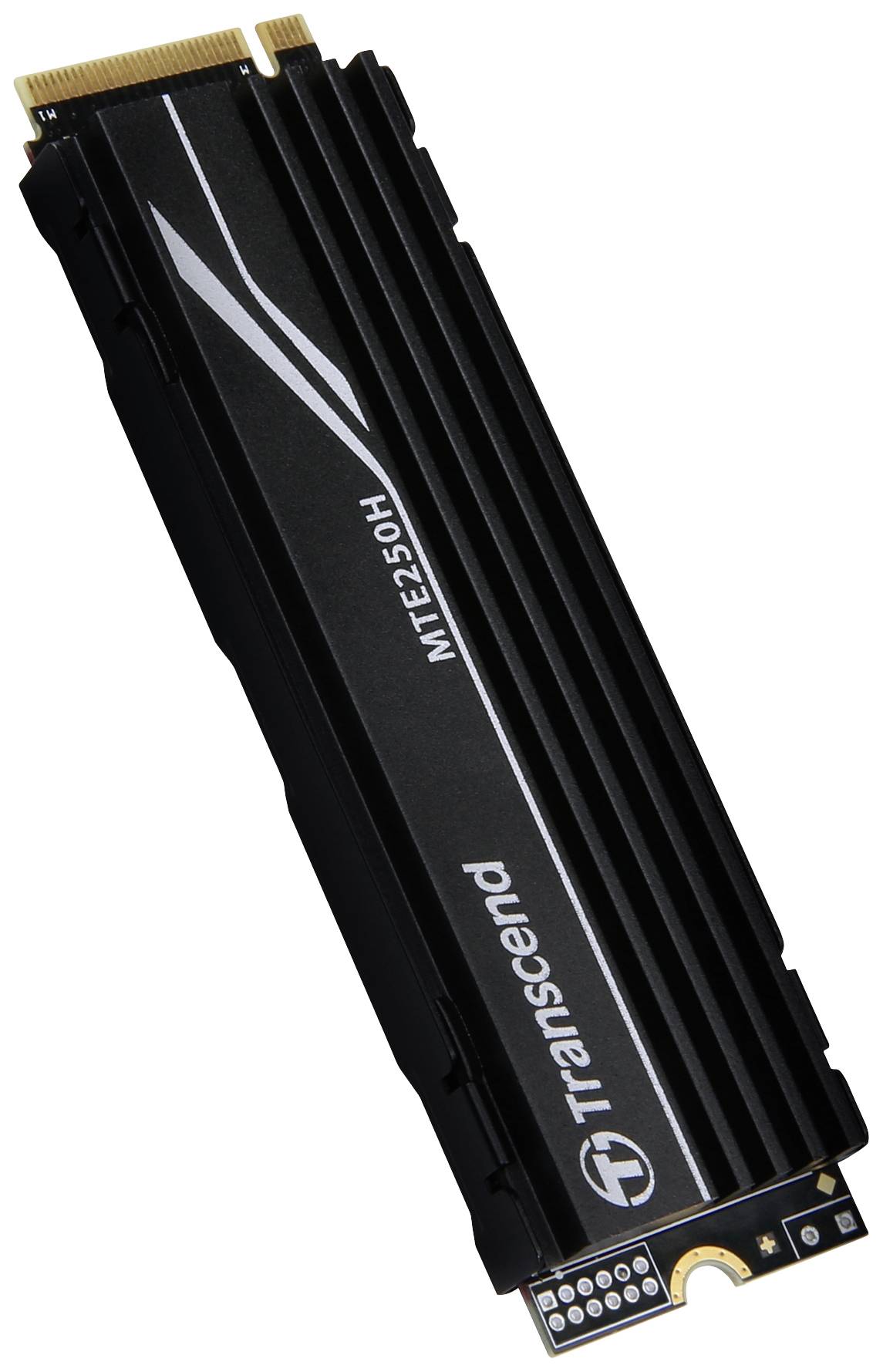 Schwarze Transcend M.2 NVMe SSD mit Kühlkörper. Modellnummer 'MTE250H' ist sichtbar.