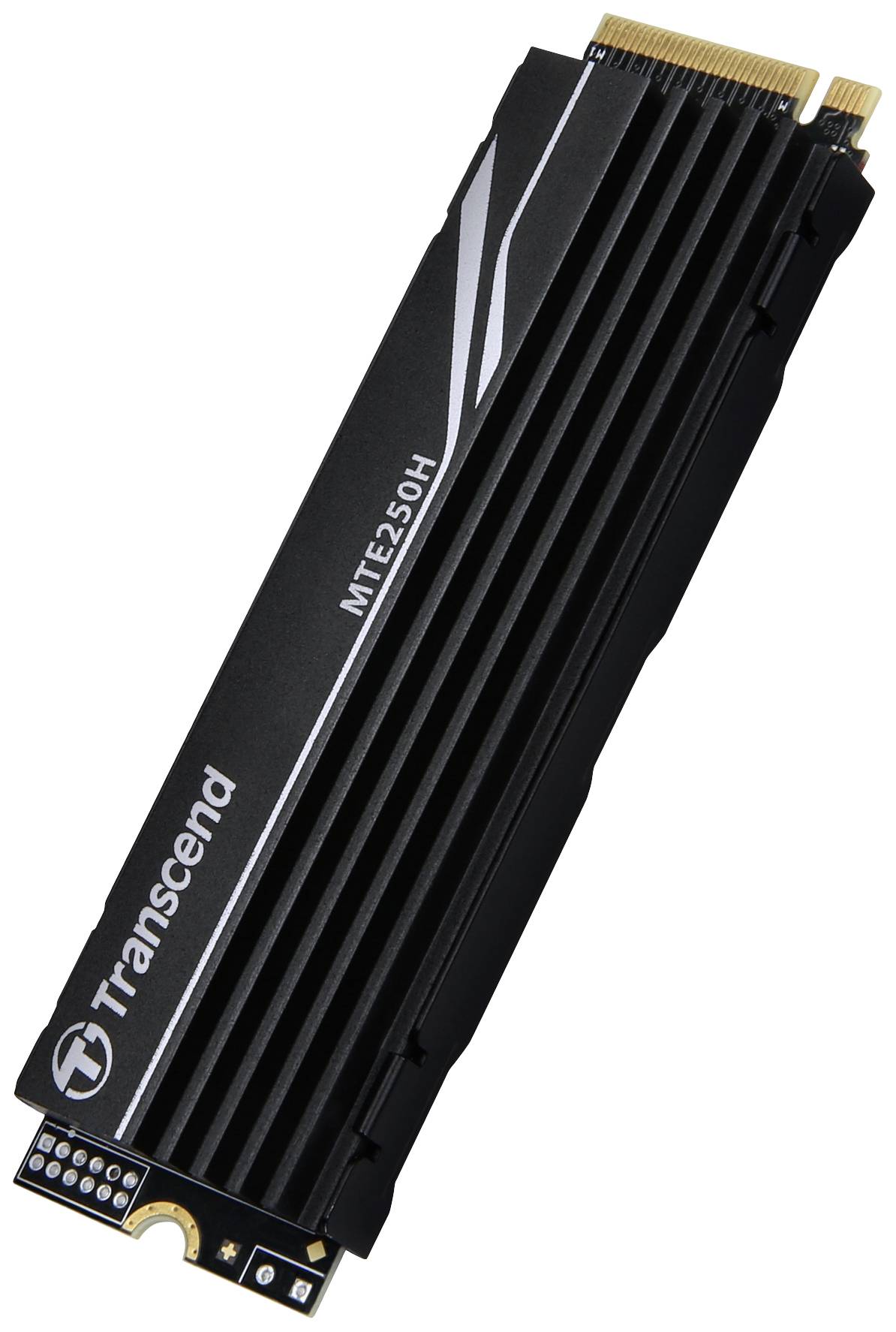 Eine Transcend MTE250H SSD mit Kühlkörper, M.2 Formfaktor. Ideal für schnelle Datenübertragungen in Computern und Laptops.